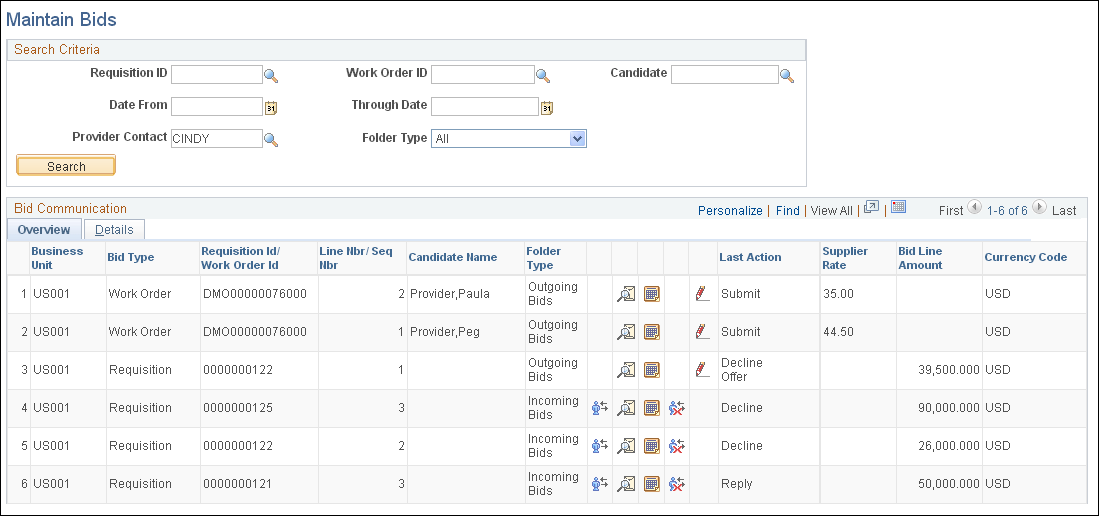 Maintain Bids page