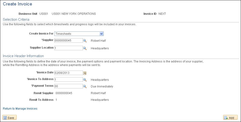 Create Invoice page