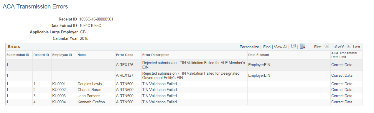 ACA Transmission Errors page