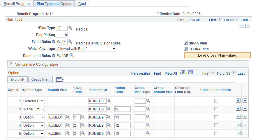 Benefit Program Table - Plan Type and Option page: Cross Plan tab