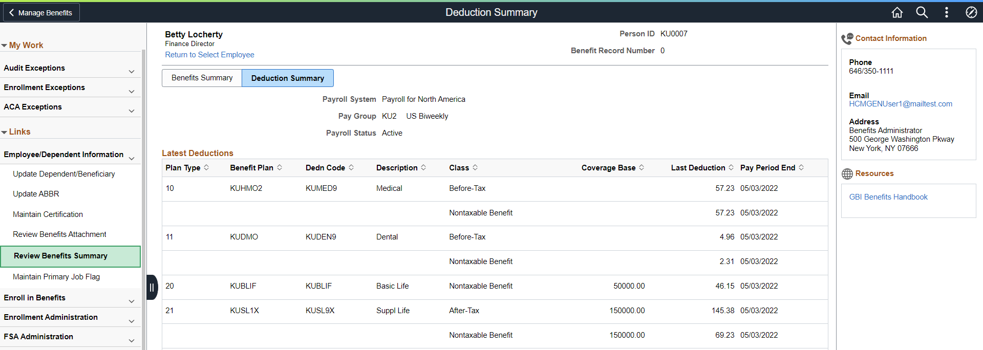 Deduction Summary page