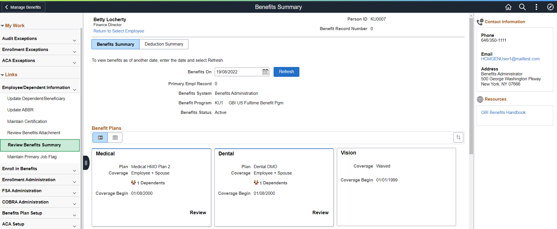 Review Benefits Summary page