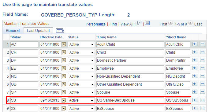 Maintain Translate Values page