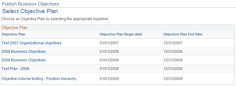 Publish Business Objectives - Select Objective Plan page