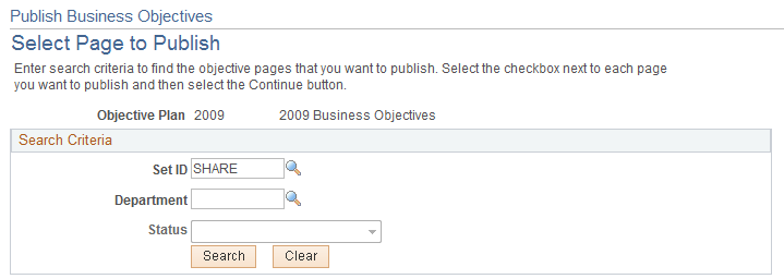 Publish Business Objectives - Select Page to Publish page
