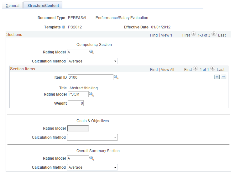 Define Empl Review Template - Structure/Content page