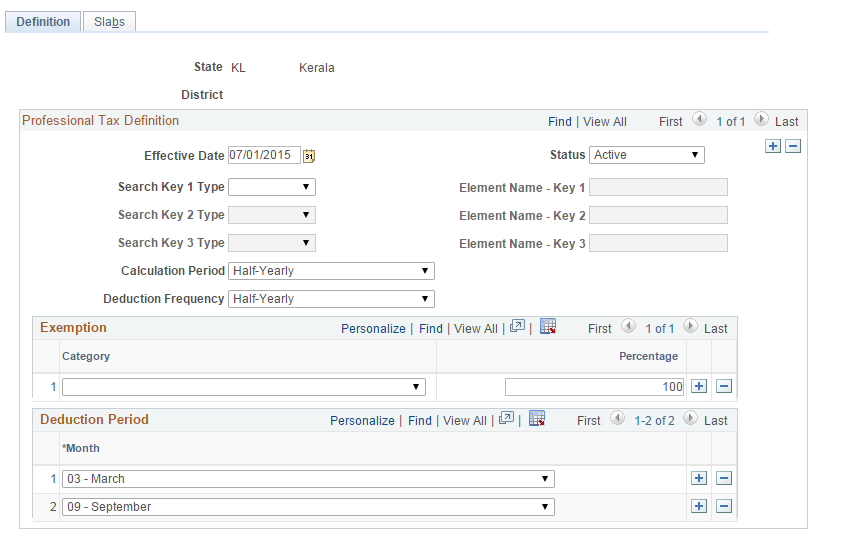 Professional Tax Details IND - Definition Page