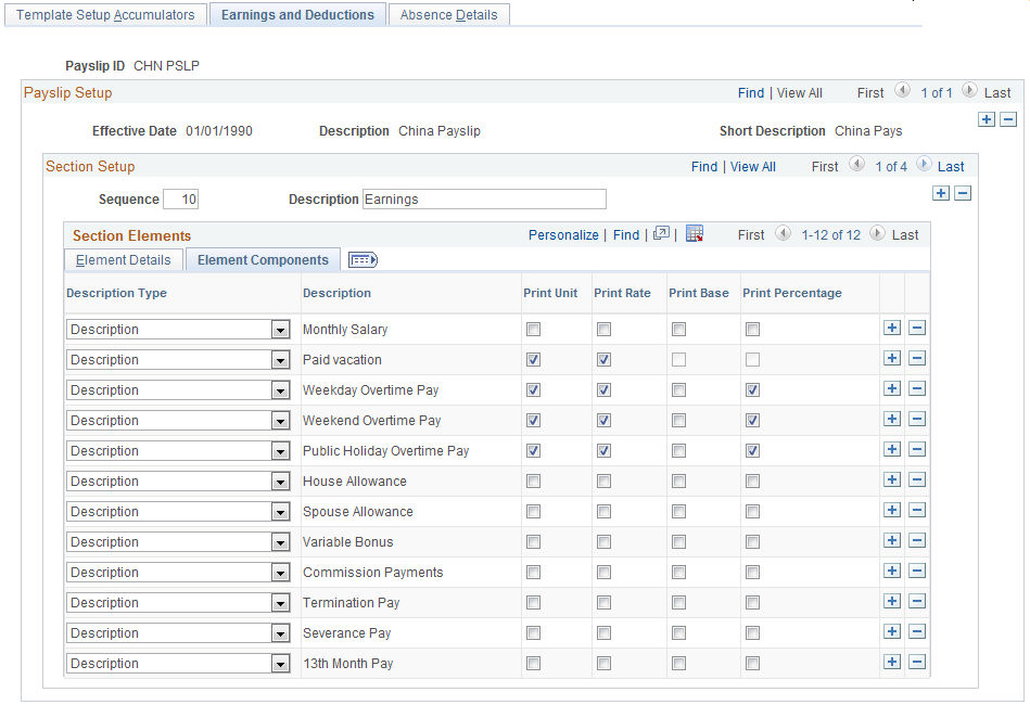 Earnings and Deductions page: Element Components tab
