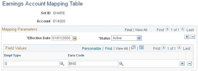 Earnings Account Mapping Table page