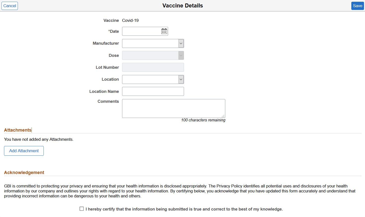 Vaccine Details page in edit mode