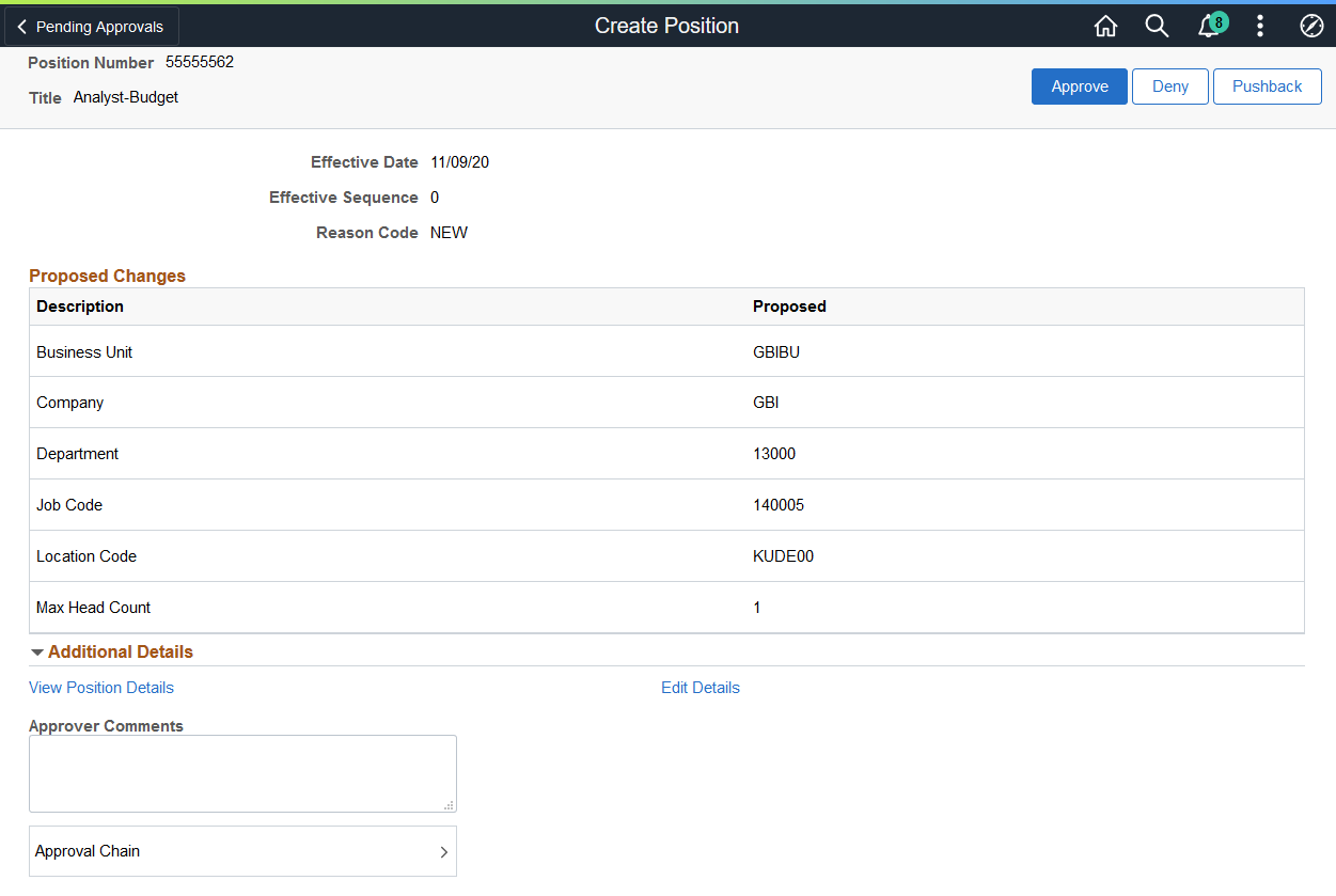 Pending Approvals - Create Position page