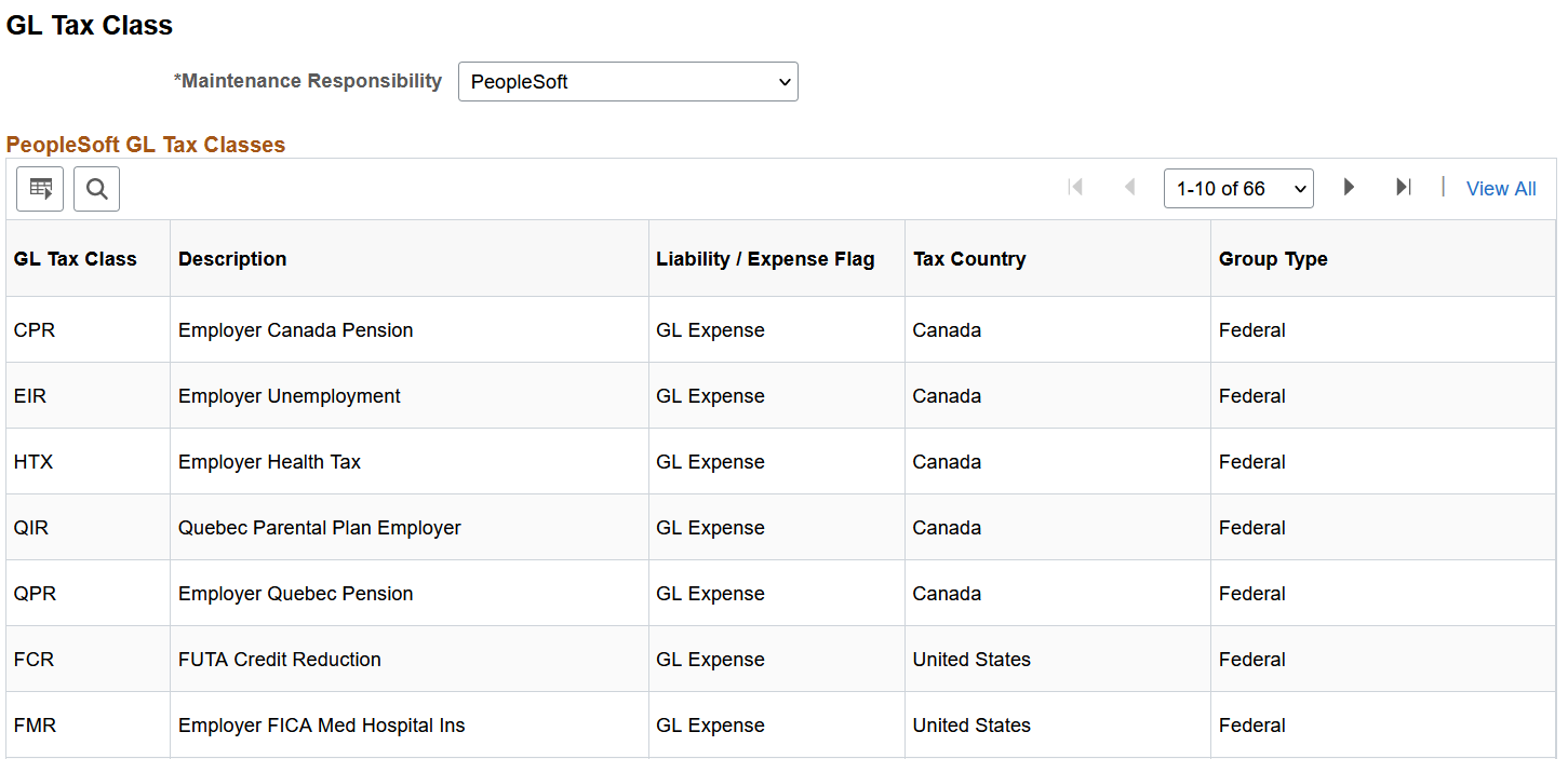 GL Tax Class page