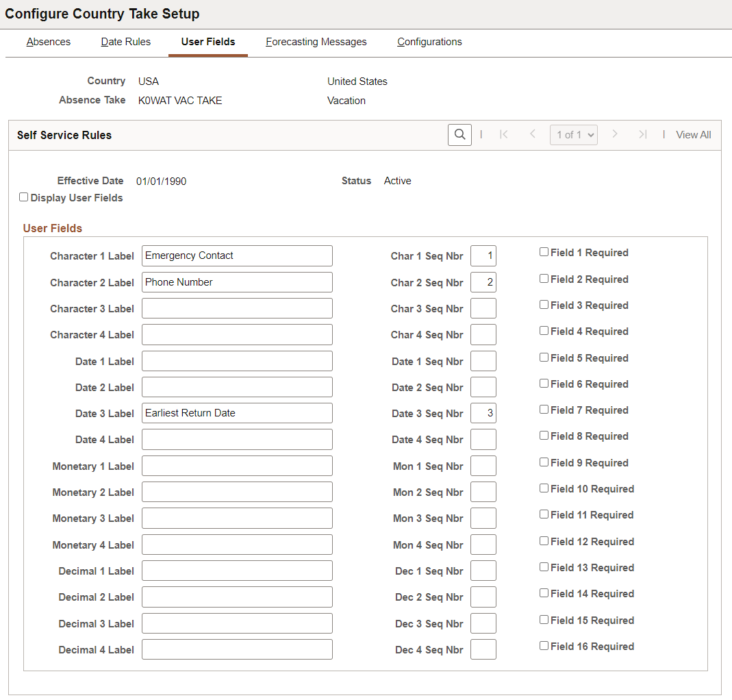 User Fields Tab of Configure Country Take Setup