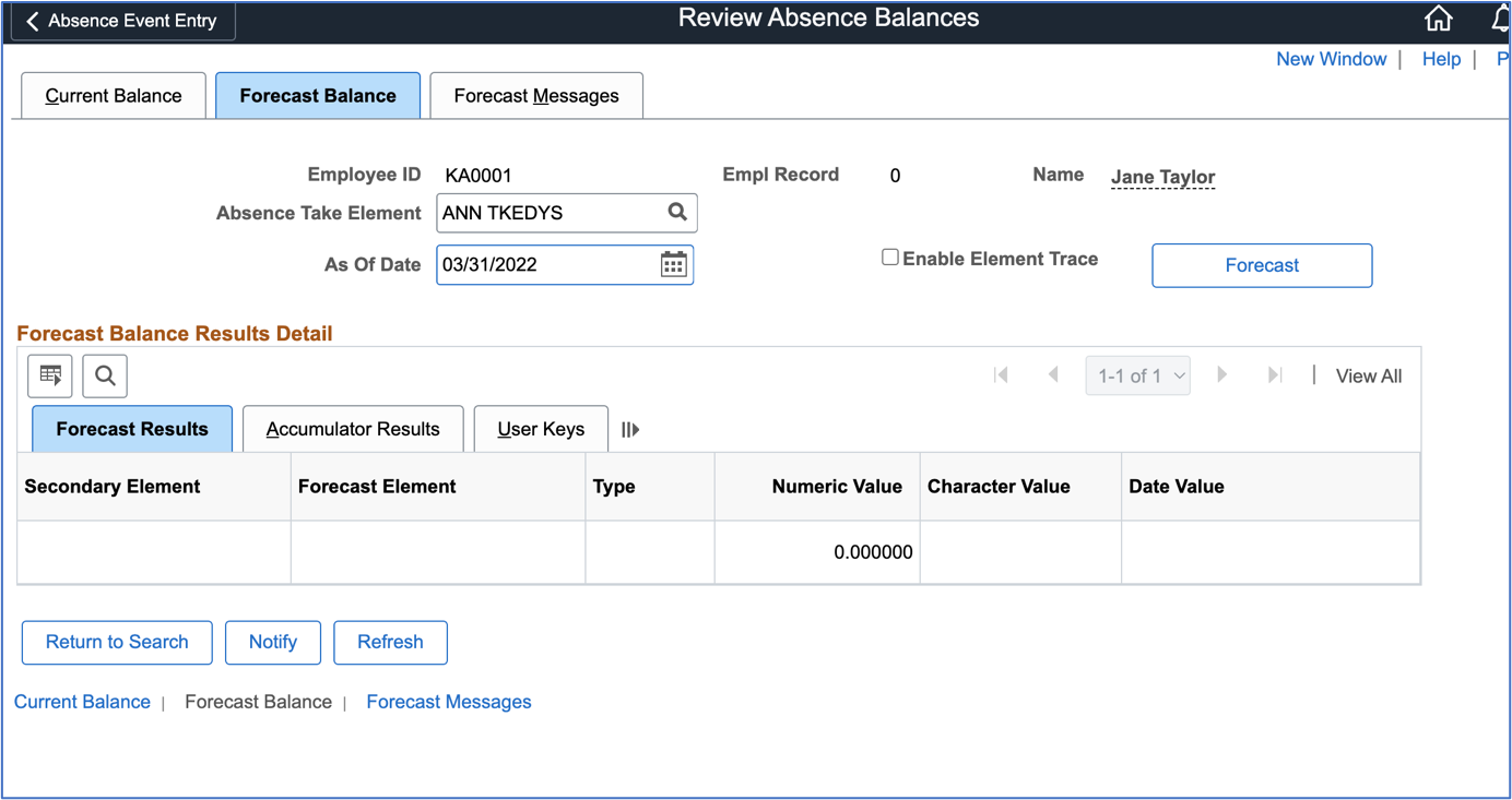 Forecast Balances page