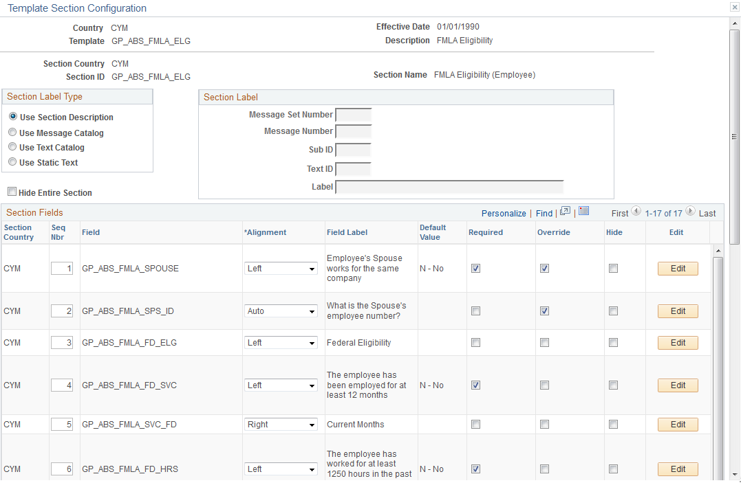 Template Section Configuration page (1 of 2)