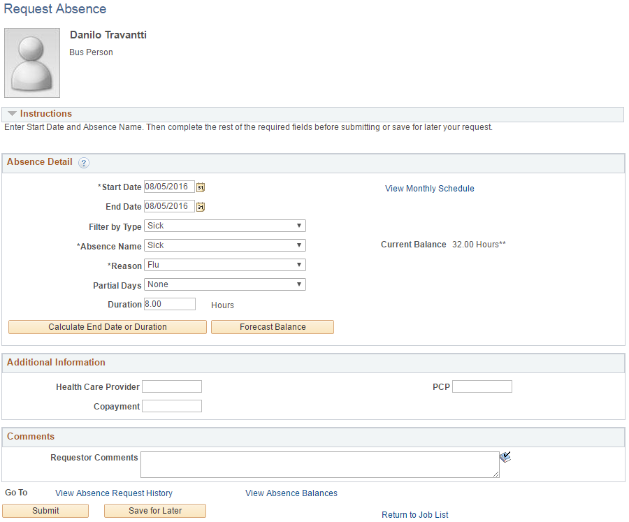 Request Absence page