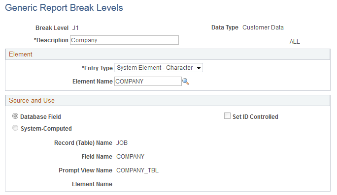 Generic Report Break Levels page