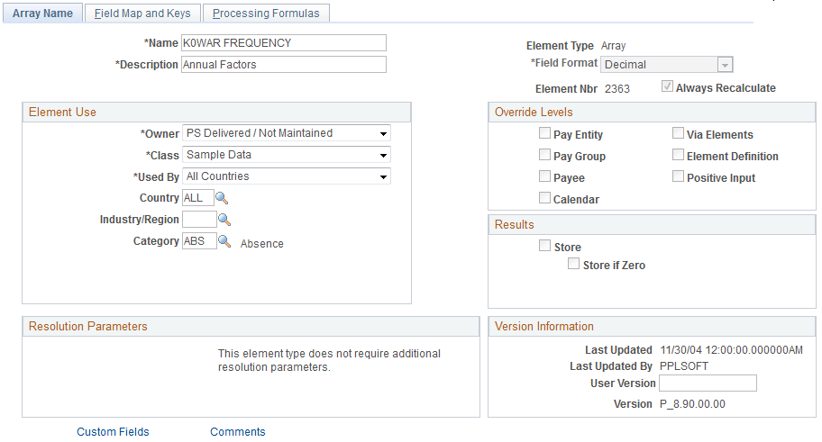 Array Name page
