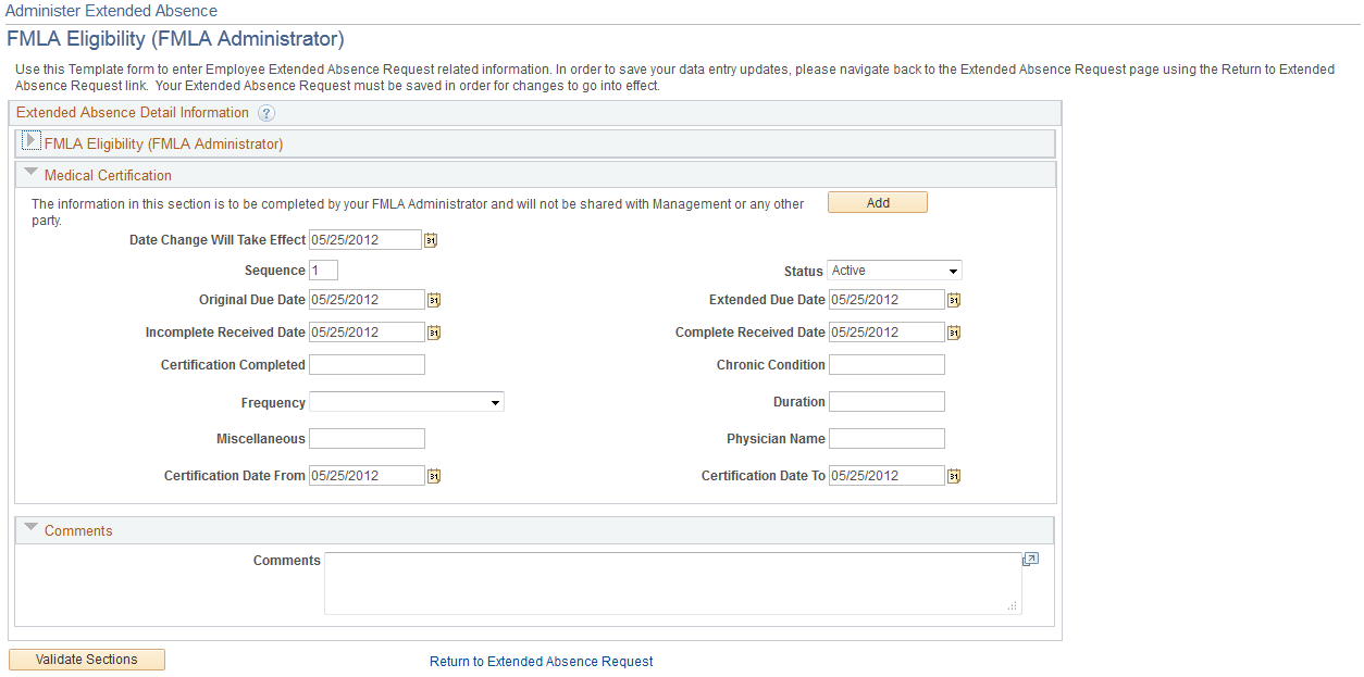 Request Extended Absence FMLA Eligibility page (example of configurable section page)