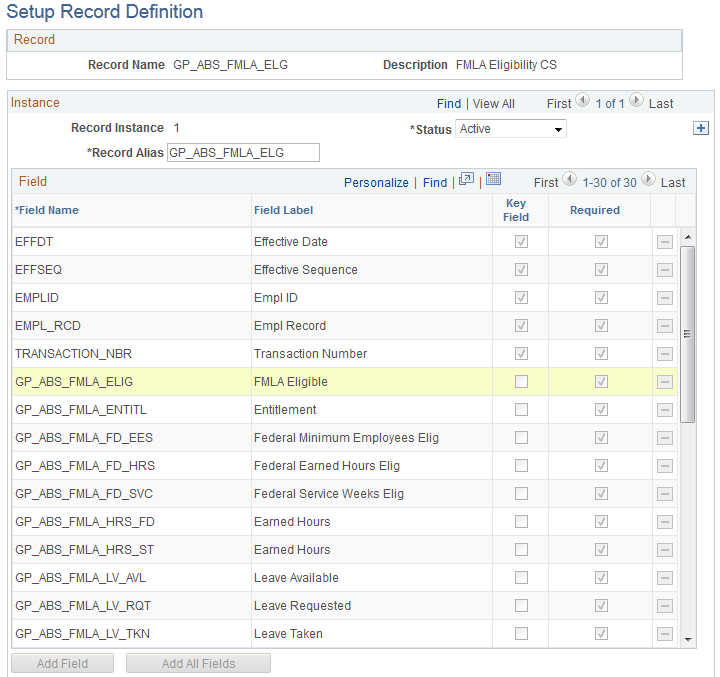 Setup Record Definition page