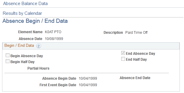 Absence Begin/End Data page