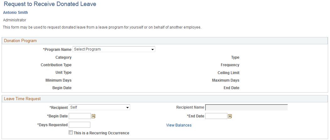 Request to Receive Donated Leave page (1 of 2)