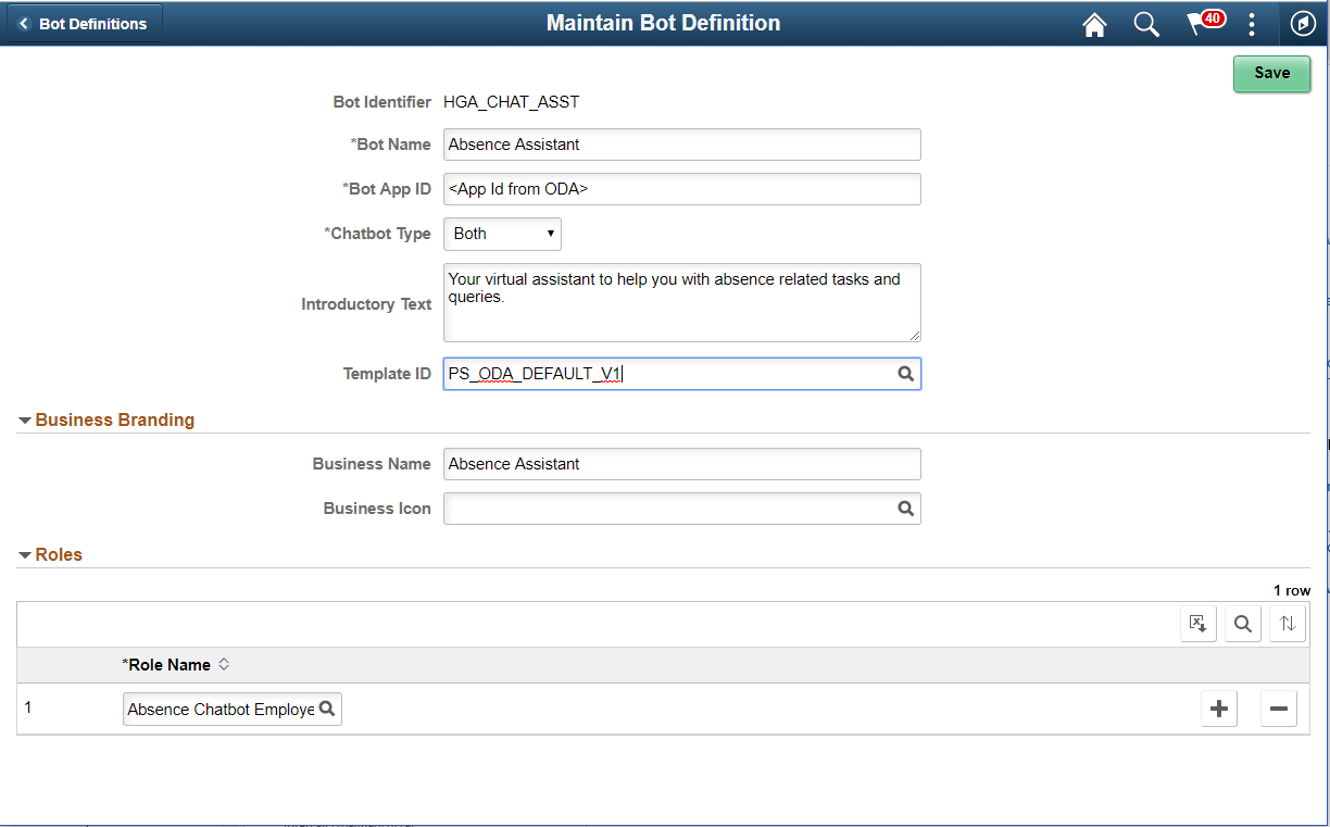 Maintain Bot definition page with definition