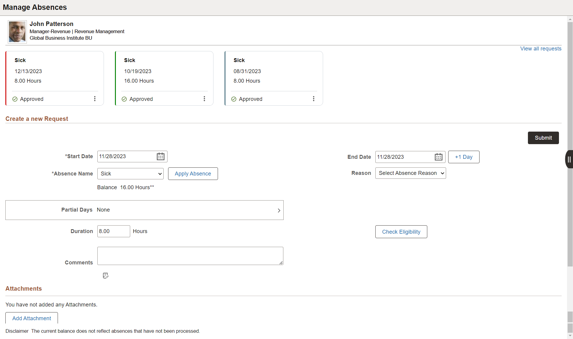 Manage Absence Page with Selected Absence
