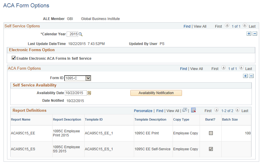 ACA Form Options page