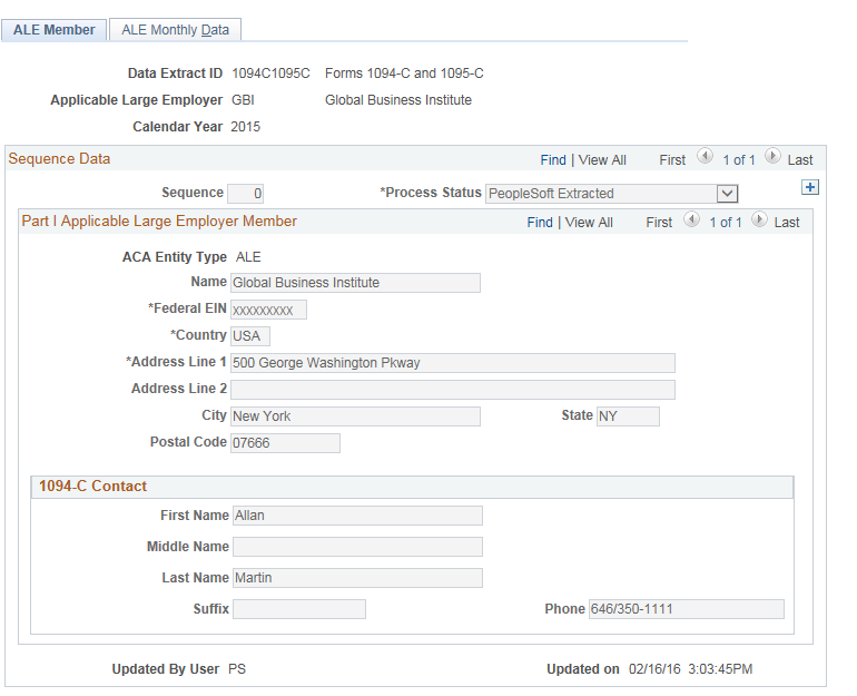 ACA Employer Transmittal Data page - ALE Member tab