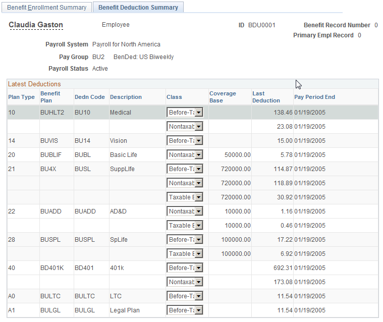 Benefit Deduction Summary page