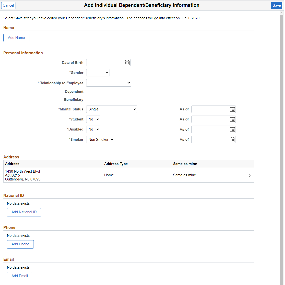 Add Individual Dependent_Beneficiary Information page