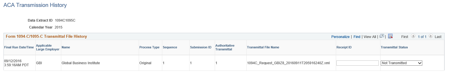 ACA Transmission History page
