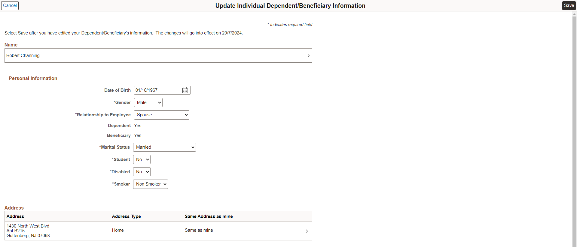 Update Individual Dependent_Beneficiary Information page (1 of 2)