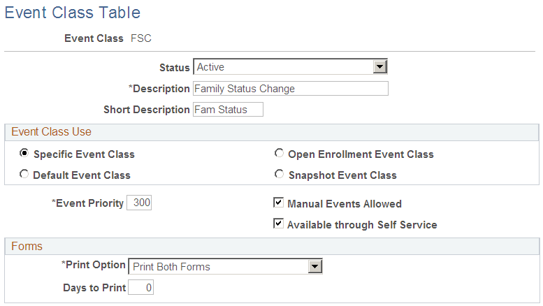 Event Class Table page