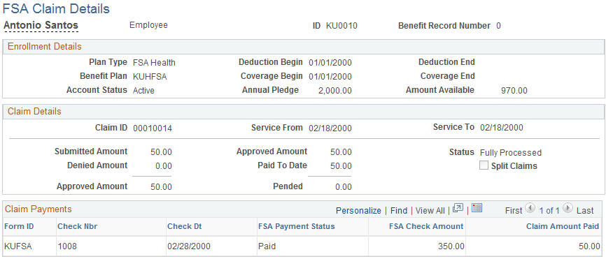 FSA Claim Details (CAN) page