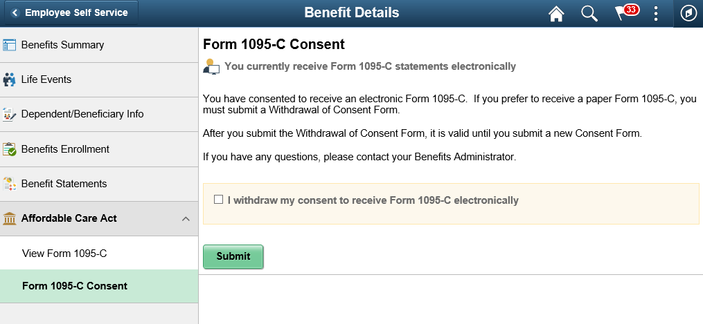 (Tablet) Form 1095-C Consent - Withdraw page