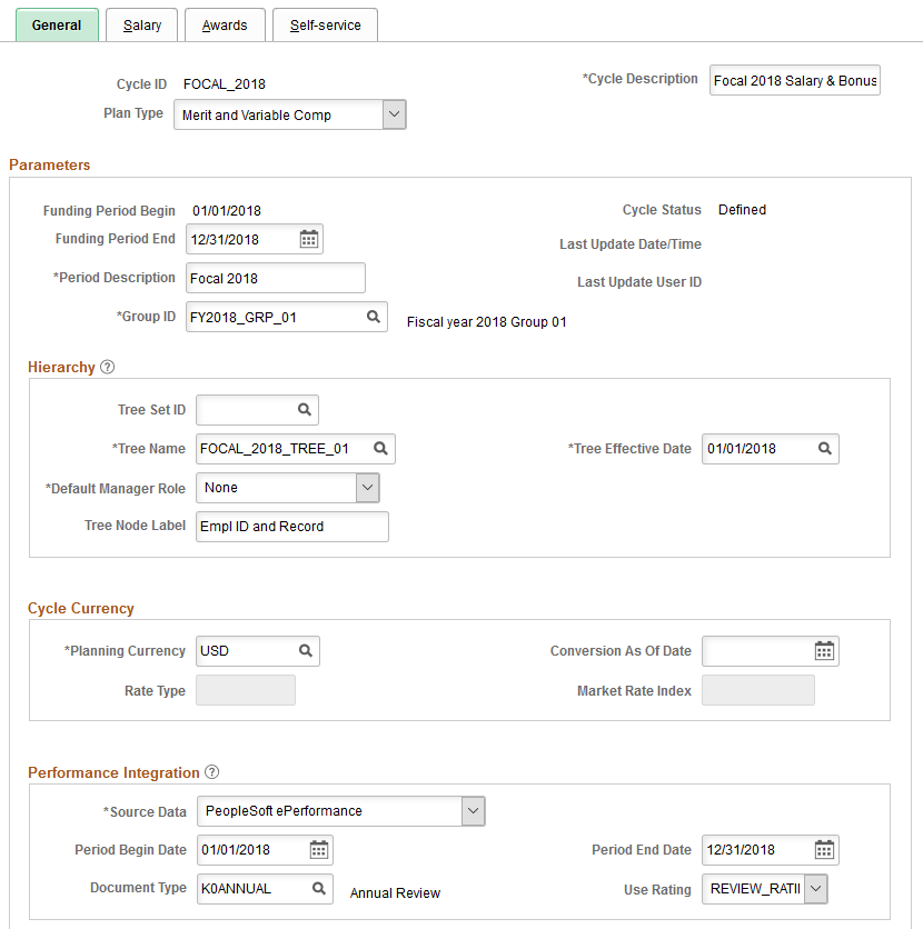 Define Compensation Cycles - General page