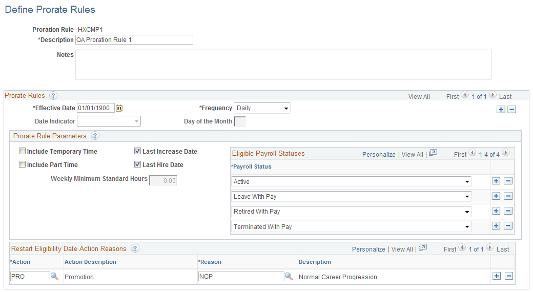 Define Prorate Rules page