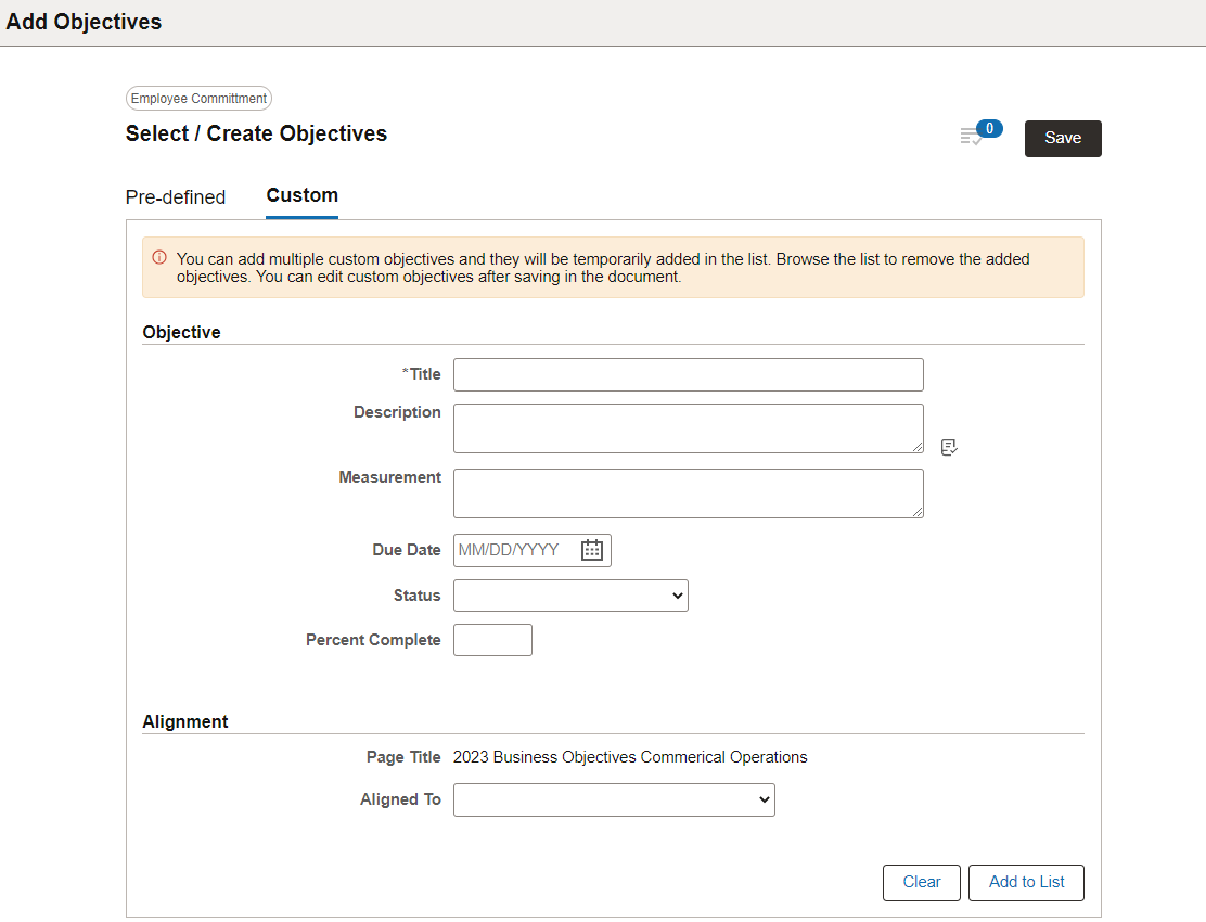 Select/Create Objectives - Custom page