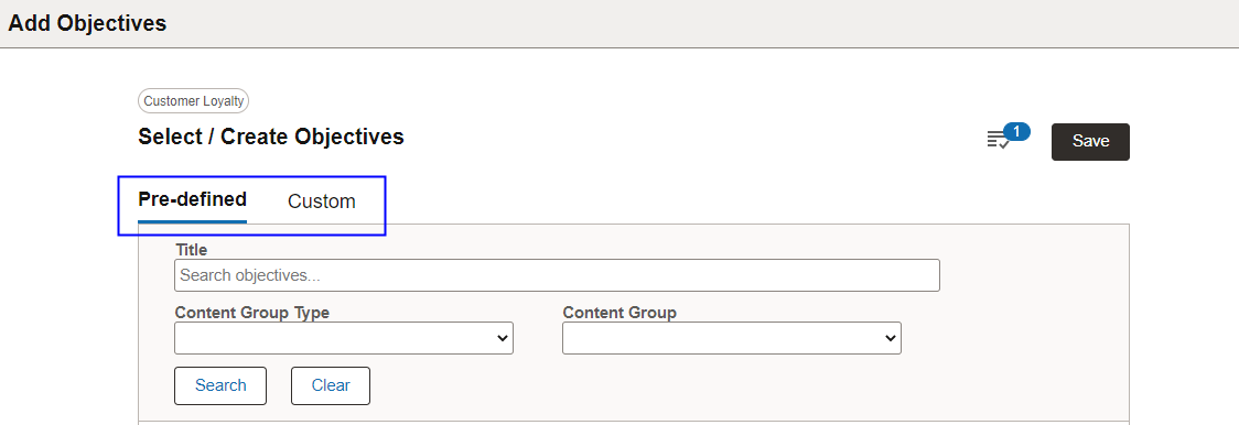 Select/Create Objectives page