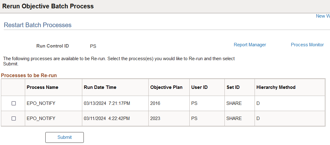 Restart Batch Processes page