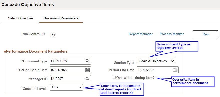 Cascade Objective Items - Document Parameters page for administrators