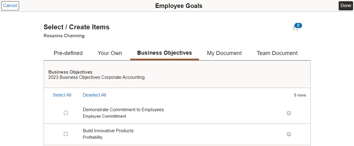 Select/Create Items - Business Objectives page