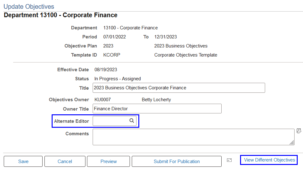 Update Objectives page for administrators to edit business objective pages