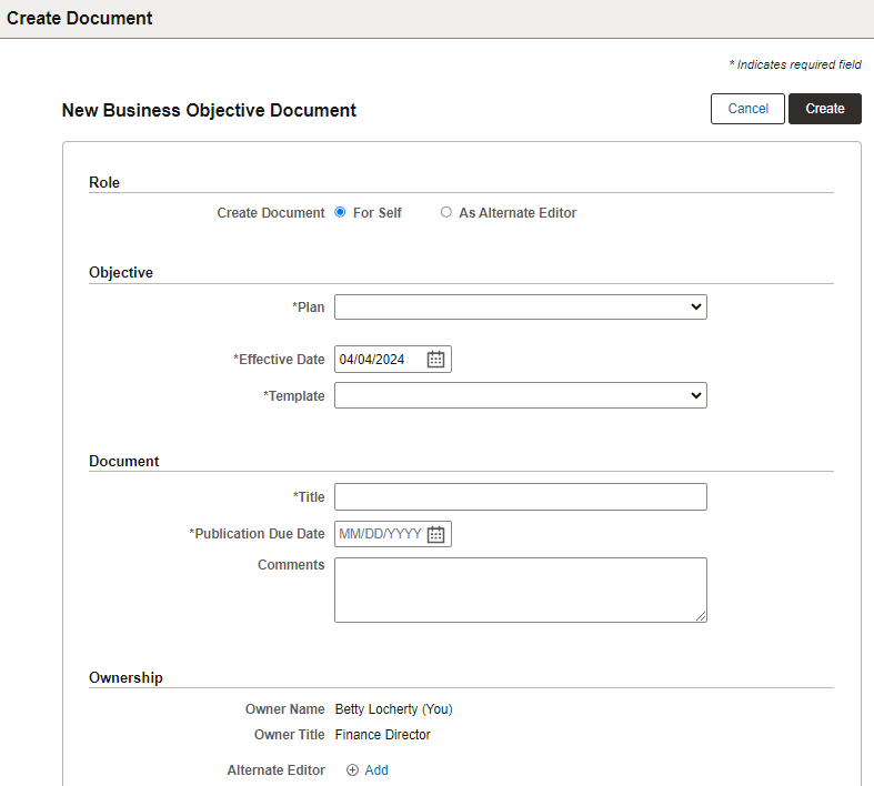 New Business Objective Document page for managers