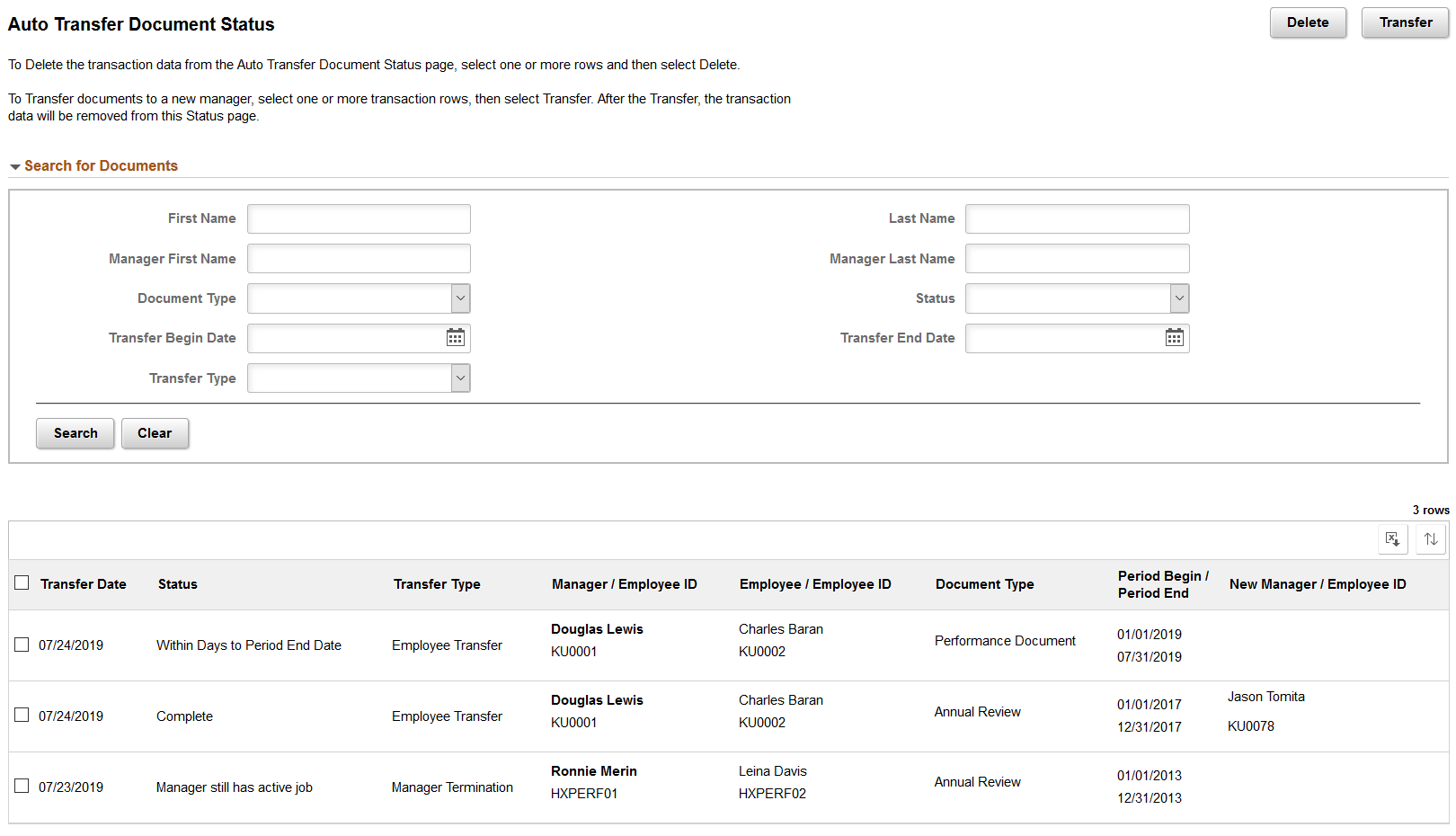 Auto Transfer Document Status page
