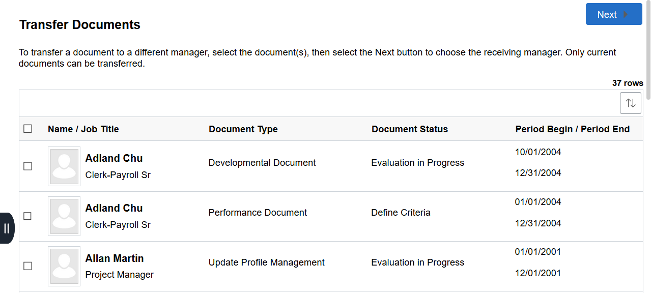 Transfer Documents page (Team Performance)