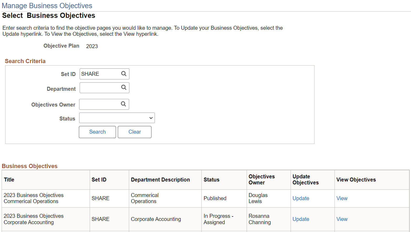 Manage Business Objectives - Select Business Objectives page