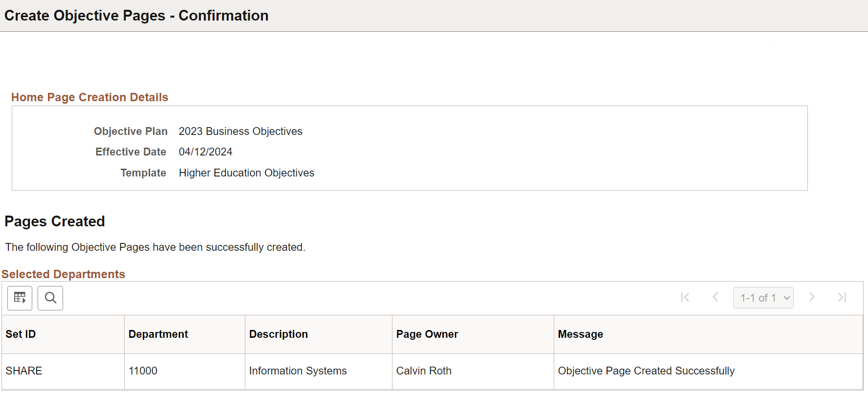 Create Objective Pages - Confirmation page